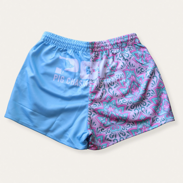 PCA Footy Shorts - Blue/Pink Paisley