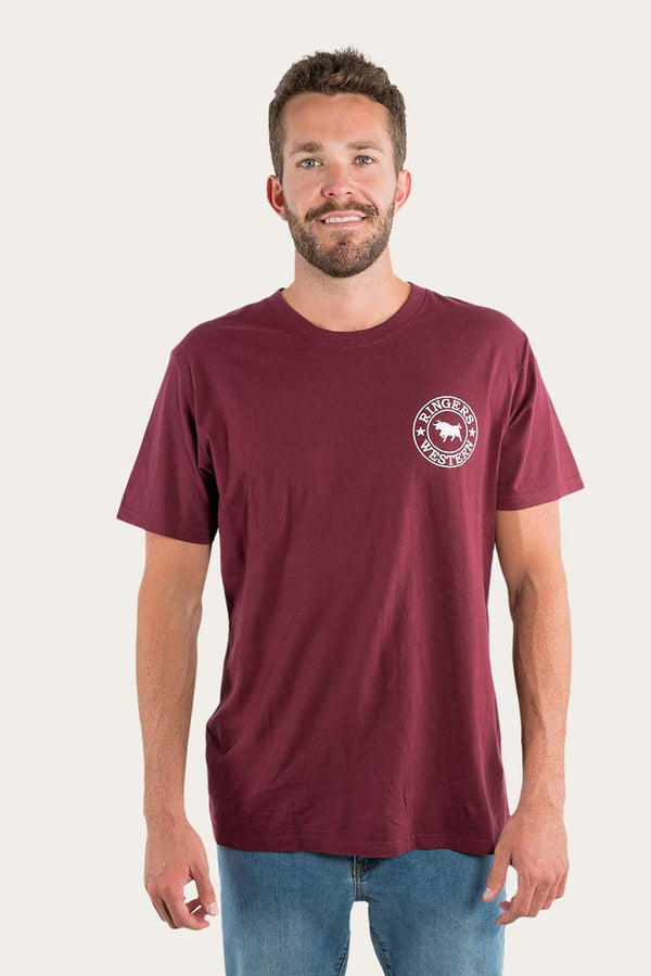 RINGERS WESTERN Signature Bull Mens Loose T-Shirt -Burgundy With White Print