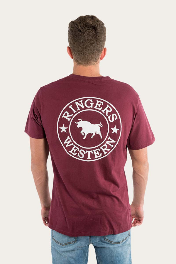 RINGERS WESTERN Signature Bull Mens Loose T-Shirt -Burgundy With White Print
