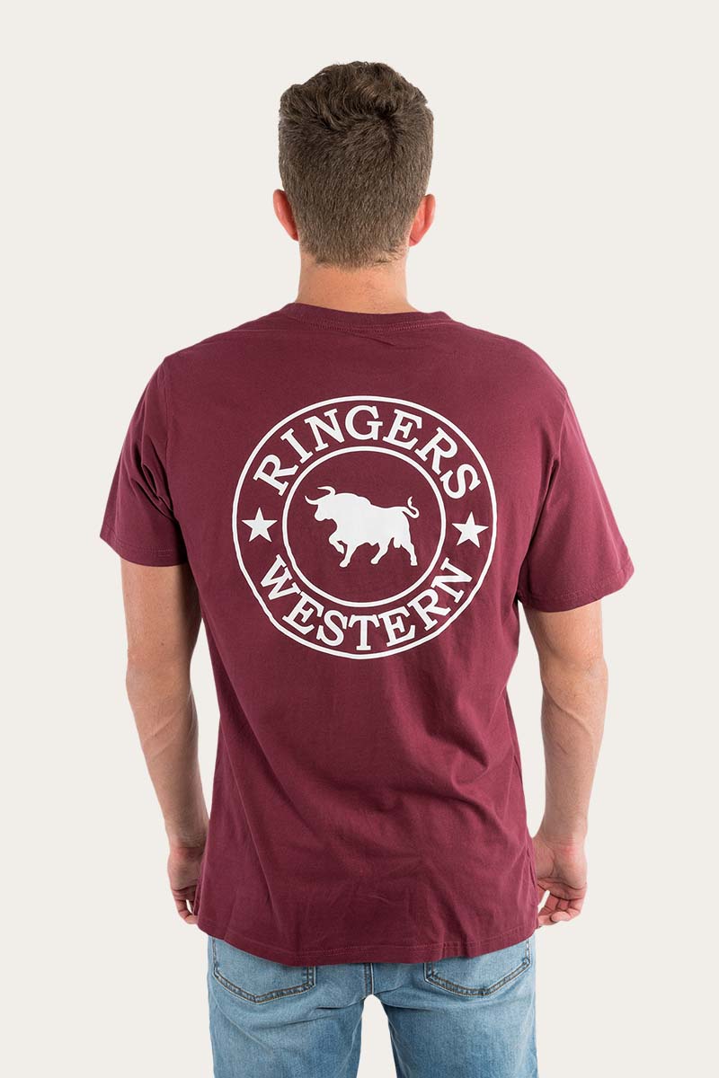 RINGERS WESTERN Signature Bull Mens Loose T-Shirt -Burgundy With White Print