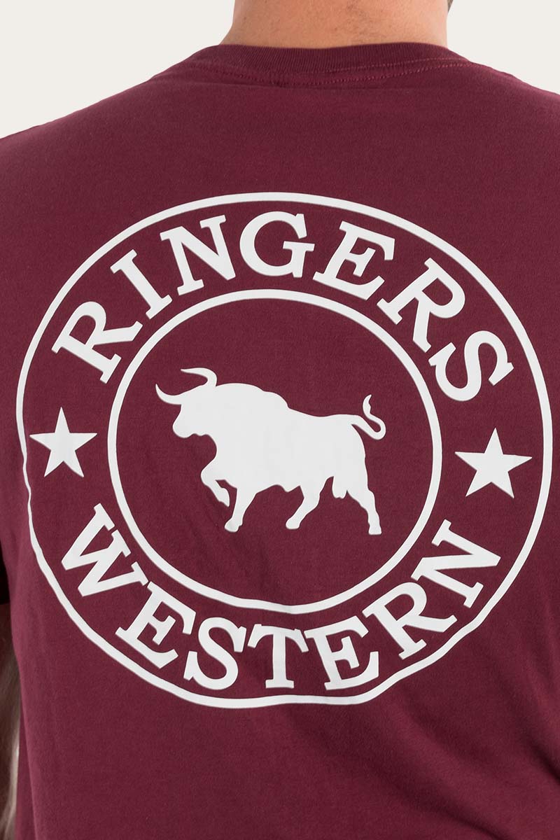 RINGERS WESTERN Signature Bull Mens Loose T-Shirt -Burgundy With White Print