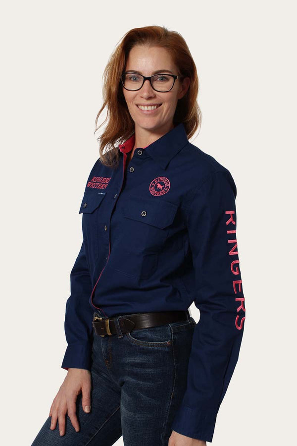 RINGERS WESTERN Signature Jillaroo Womens Full Button Work Shirt - Navy/Melon