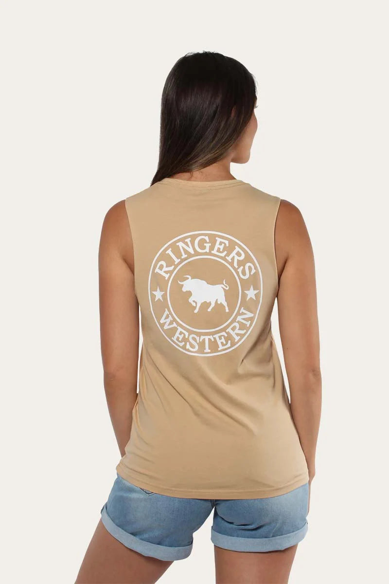 RINGERS WESTERN Signature Bull Women's Muscle Tank - Latte with White Print