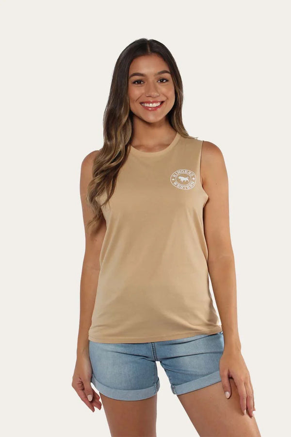 RINGERS WESTERN Signature Bull Women's Muscle Tank - Latte with White Print