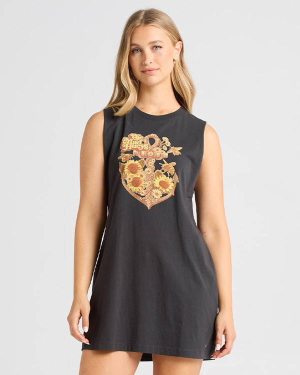 The Mad Hueys SUNFLOWER ANCHOR | WOMENS MUSCLE DRESS - VINTAGE BLACK