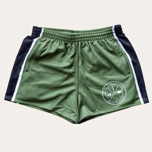 PCA Footy Shorts -STRIPED - Army Green/Black