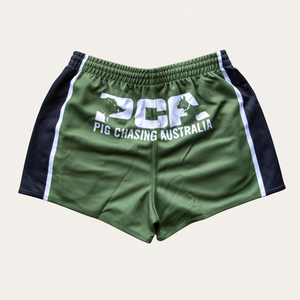 PCA Footy Shorts -Army Green/Black- ZIP Pockets!