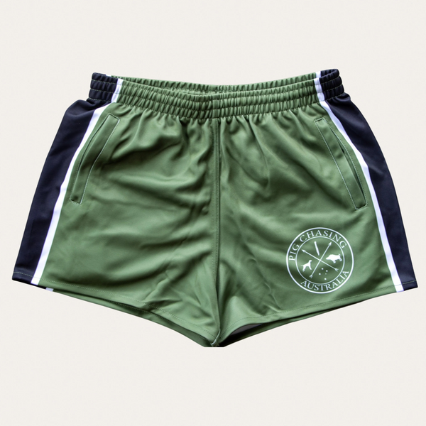 PCA Footy Shorts -Army Green/Black- ZIP Pockets!