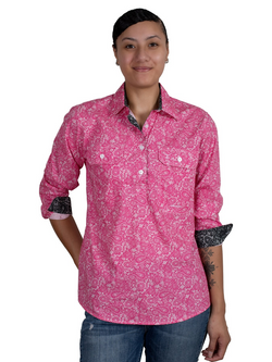 JUST COUNTRY Ladies Georgie 1/2 Button Work Shirt -Hot Pink Paisley