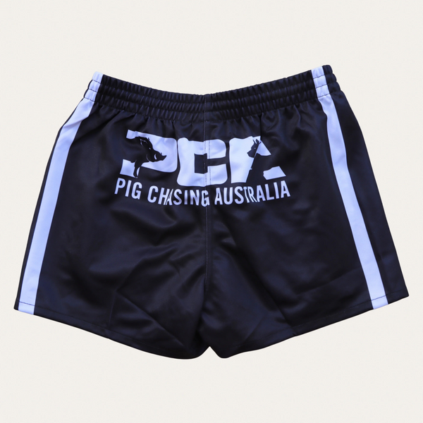 PCA Footy Shorts -Double Stripe Black - ZIP Pockets!