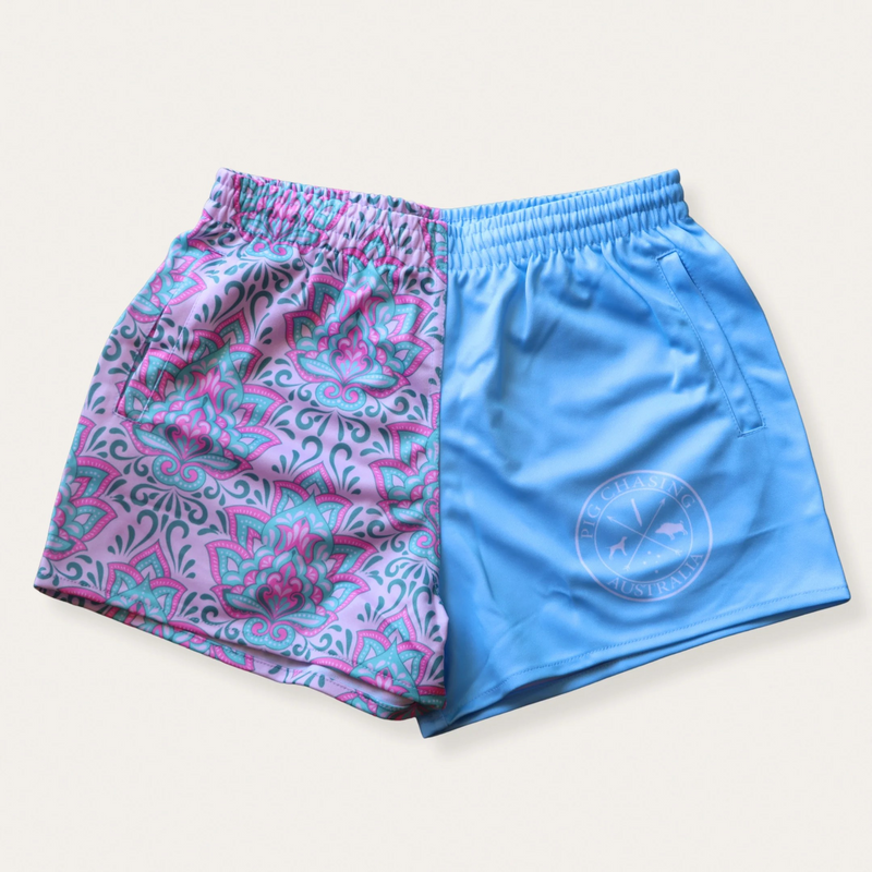 PCA Footy Shorts - Blue/Pink Paisley