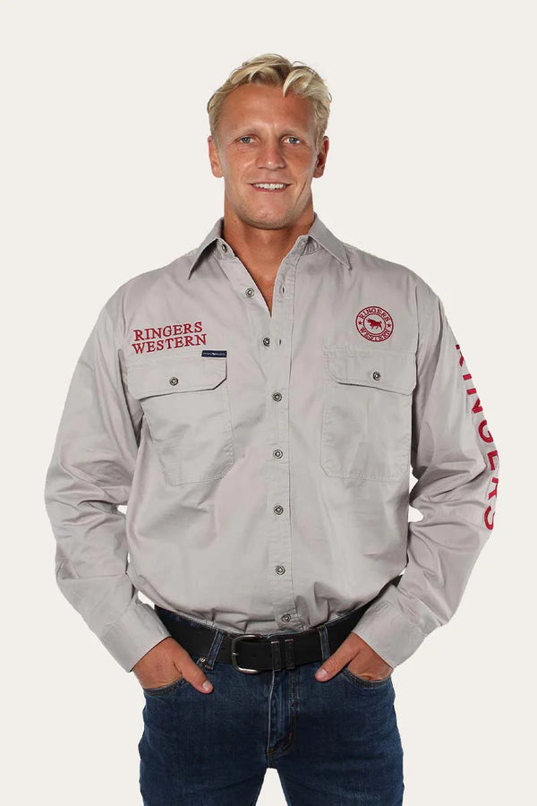 RINGERS WESTERN Hawkeye Mens Full Button Work Shirt -Beige / Red