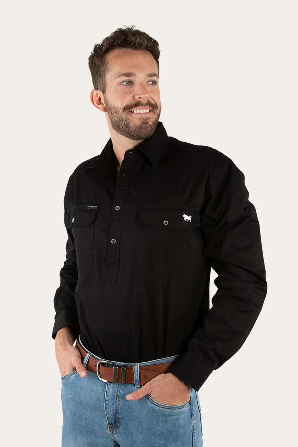 RINGERS WESTERN King River Mens Half Button Work Shirt -Black