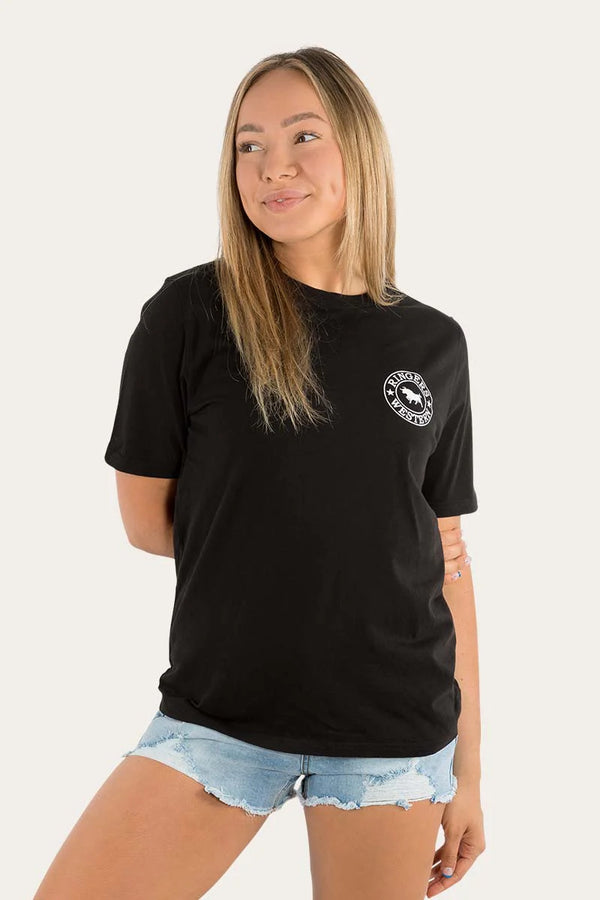 RINGERS WESTERN Signature Bull Women's Loose Fit T-Shirt - Black With White Print