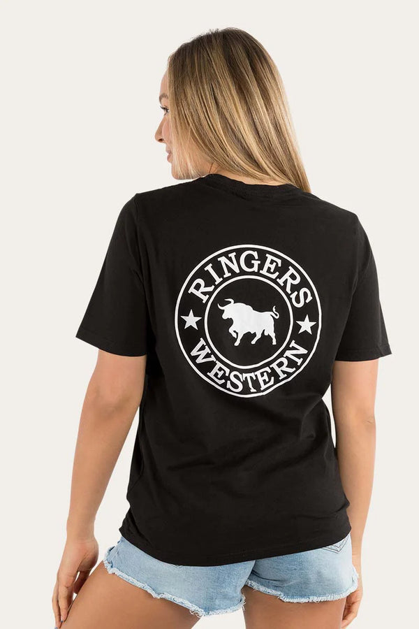 RINGERS WESTERN Signature Bull Women's Loose Fit T-Shirt - Black With White Print