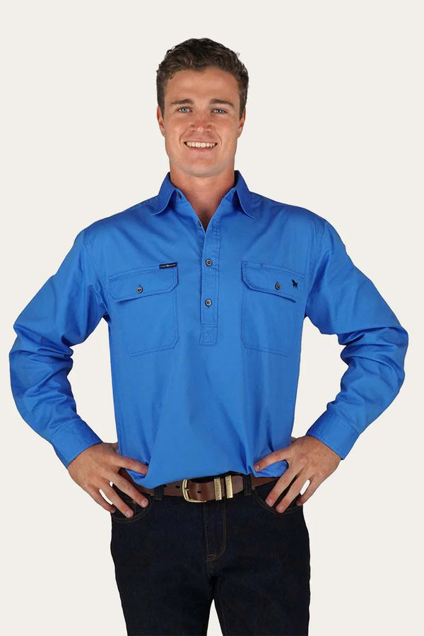 RINGERS WESTERN King River Mens Half Button Work Shirt -Blue