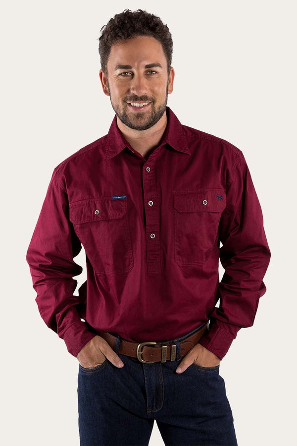 RINGERS WESTERN Boss Mens Half Button Work Shirt -Burgundy