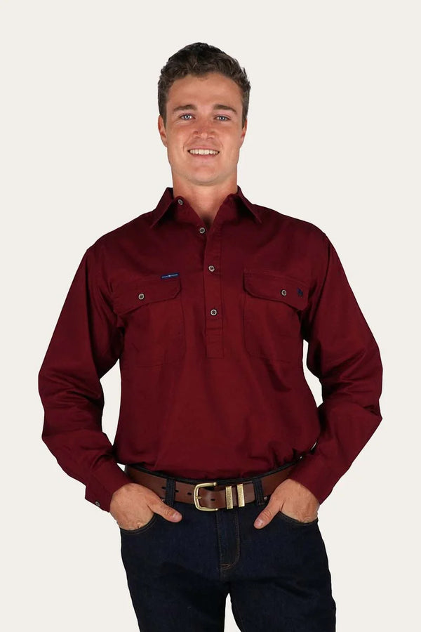 RINGERS WESTERN King River Mens Half Button Work Shirt - Burgundy