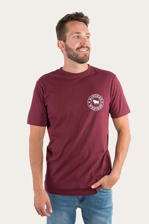 RINGERS WESTERN Signature Bull Mens Classic T-Shirt - Burgundy With White Print