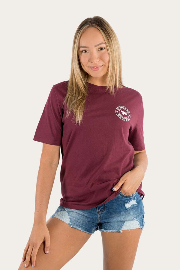 RINGERS WESTERN Signature Bull Women's Loose Fit T-Shirt -Burgundy With White Print