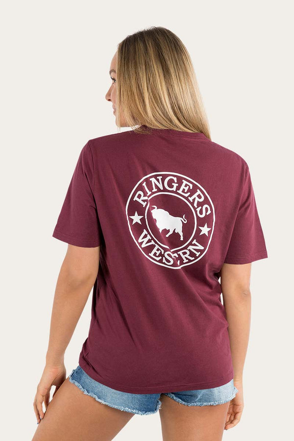 RINGERS WESTERN Signature Bull Women's Loose Fit T-Shirt -Burgundy With White Print