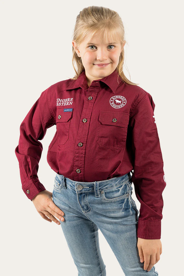 RINGERS WESTERN Kids Jackaroo L/S Full Button Embroidered Work Shirt - Burgundy / White -