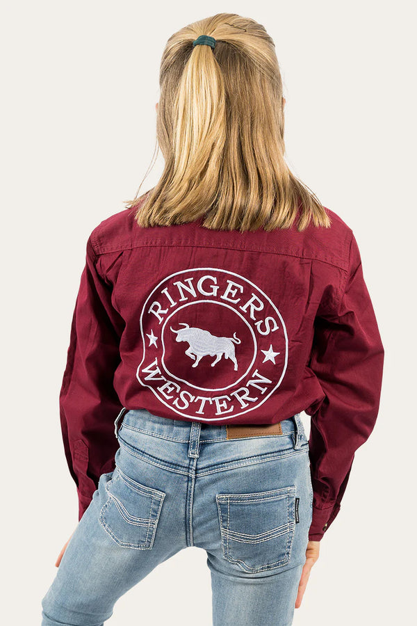 RINGERS WESTERN Kids Jackaroo L/S Full Button Embroidered Work Shirt - Burgundy / White -