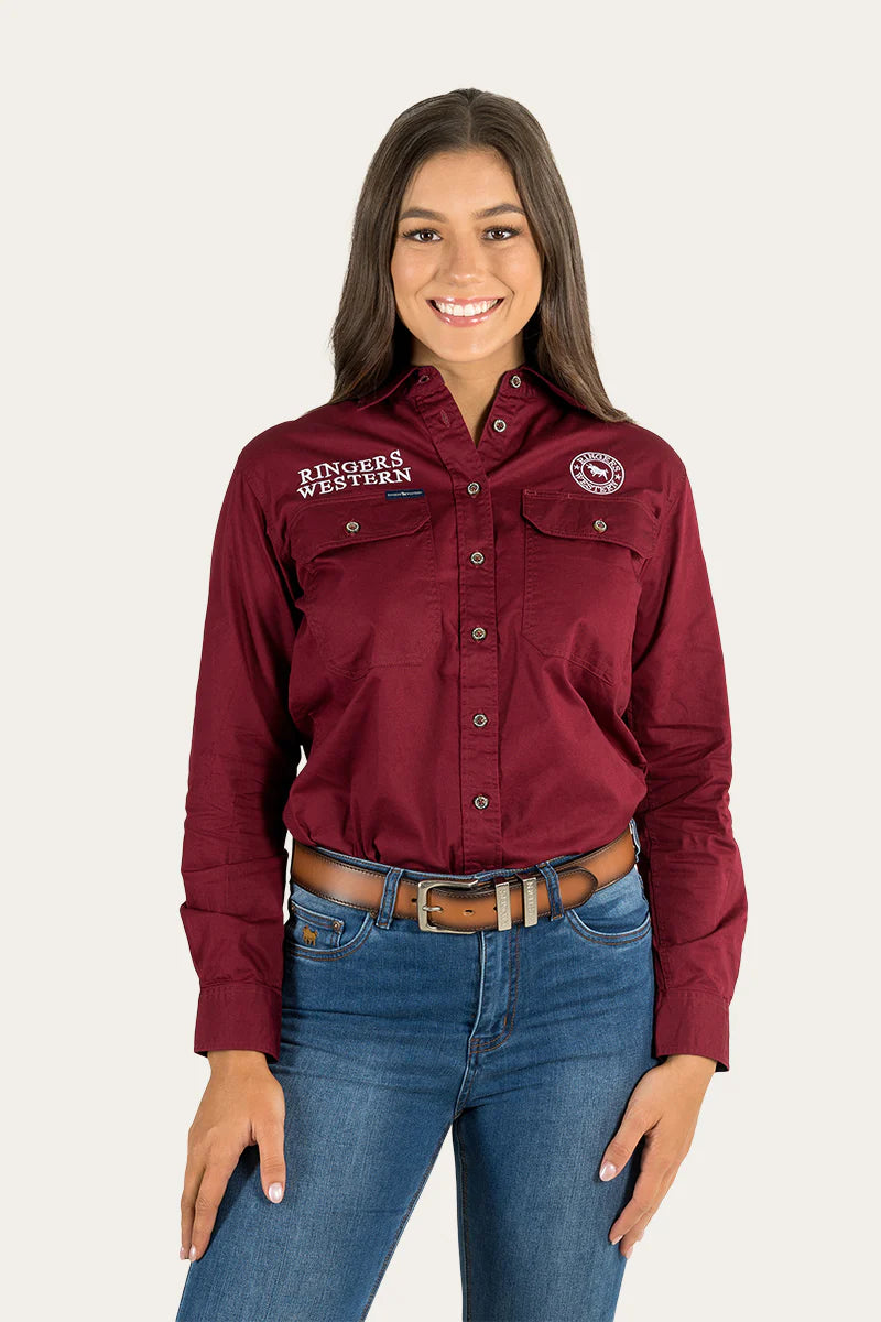 RINGERS WESTERN Signature Jillaroo Womens Full Button Work Shirt - Burgundy/White