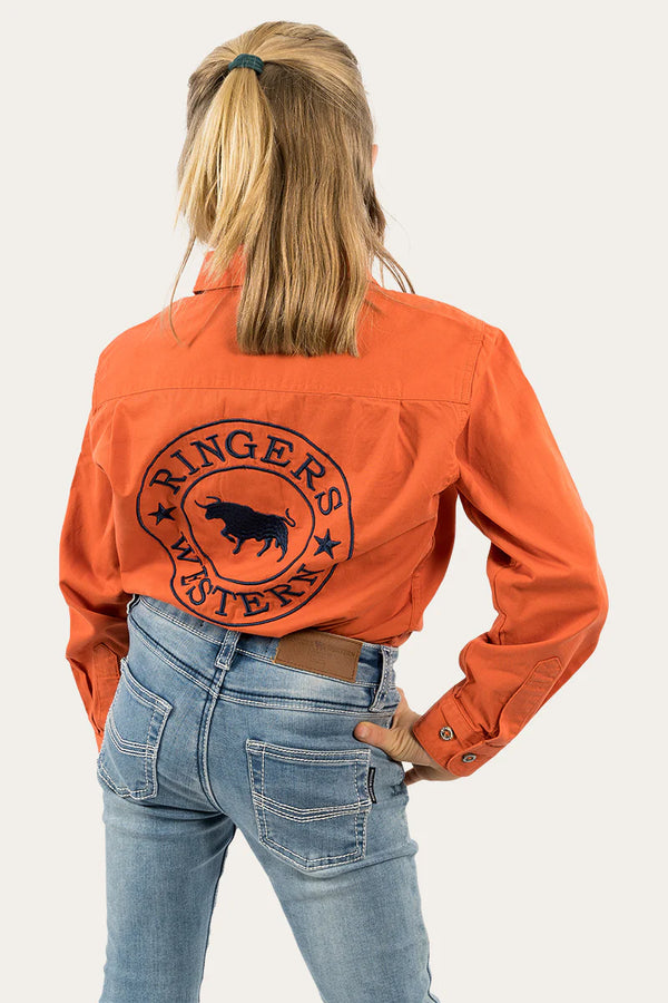 RINGERS WESTERN Kids Jackaroo L/S Full Button Embroidered Work Shirt - Burnt Orange / Dark Navy