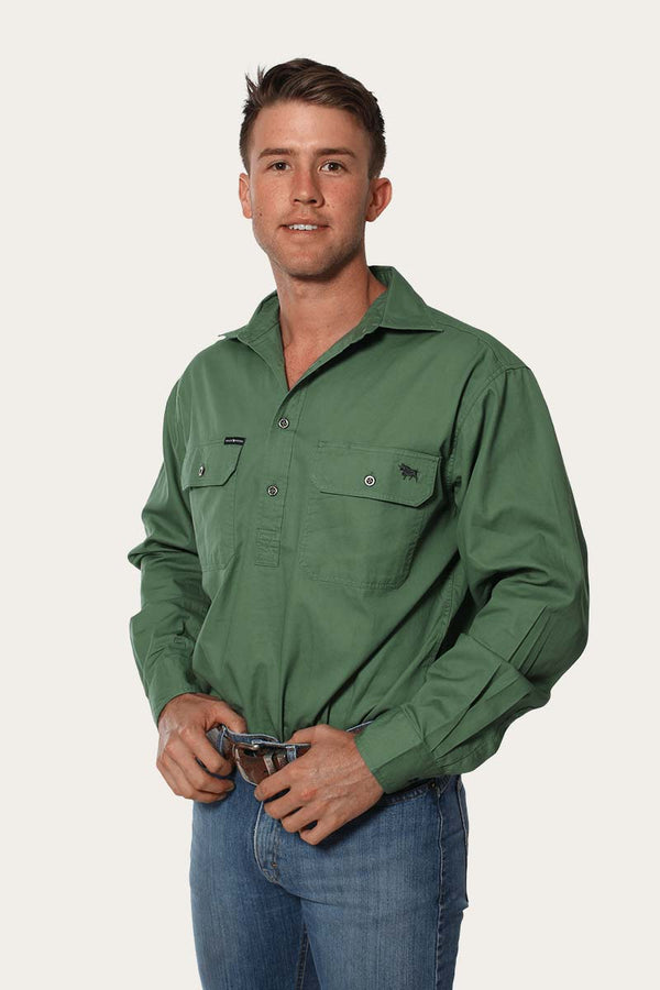 RINGERS WESTERN King River Mens Half Button Work Shirt -Cactus Green