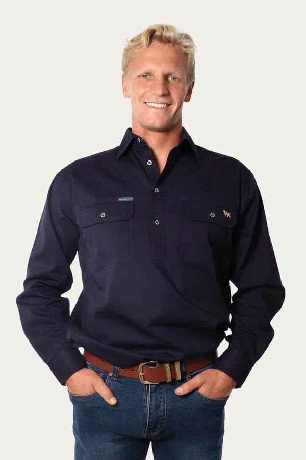 RINGERS WESTERN King River Mens Half Button Work Shirt -Dark Navy