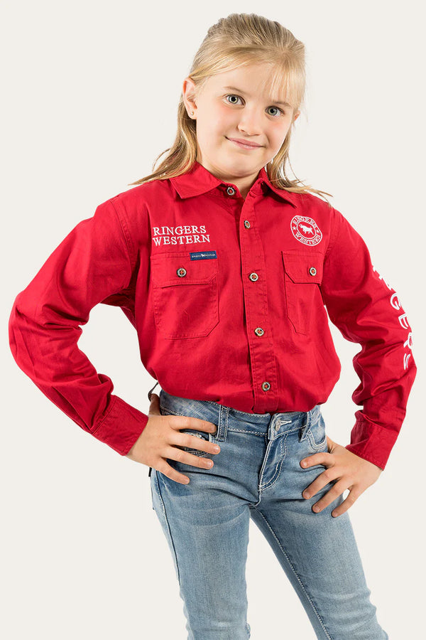 RINGERS WESTERN Kids Jackaroo L/S Full Button Embroidered Work Shirt -Dark Red / White