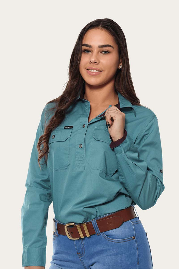 RINGERS WESTERN Pentecost River Womens Half Button Work Shirt -Dusty Jade