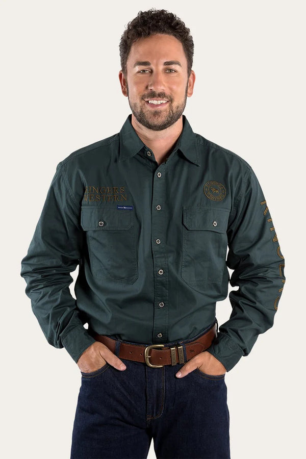 RINGERS WESTERN Hawkeye Mens Full Button Work Shirt -Forest Green / Plantation