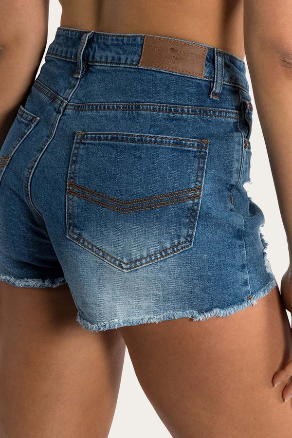 Ringers Western Jessie Women’s mid Rise Ripped Denim Short- True Blue