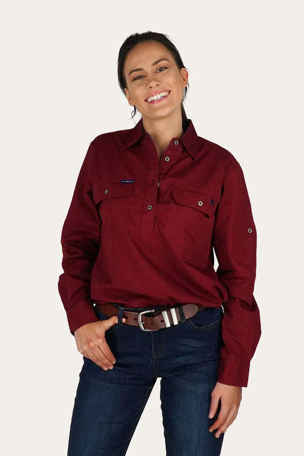 RINGERS WESTERN Pentecost River Womens Half Button Work Shirt - Burgundy