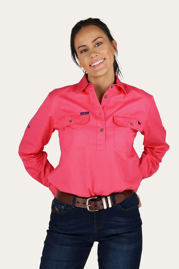 RINGERS WESTERN Pentecost River Womens Half Button Work Shirt -Melon