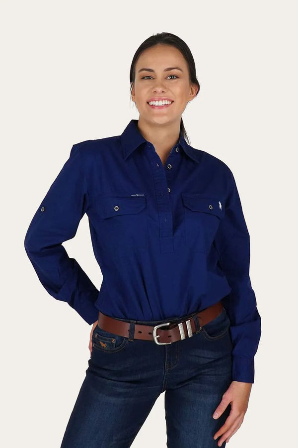 RINGERS WESTERN Pentecost River Womens Half Button Work Shirt -Navy