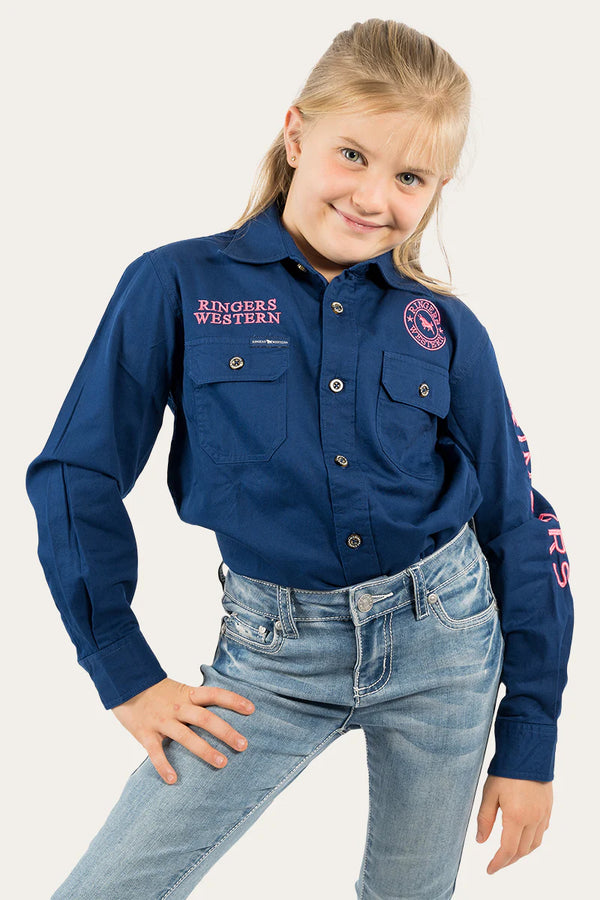 RINGERS WESTERN Kids Jackaroo L/S Full Button Embroidered Work Shirt -Navy / Melon