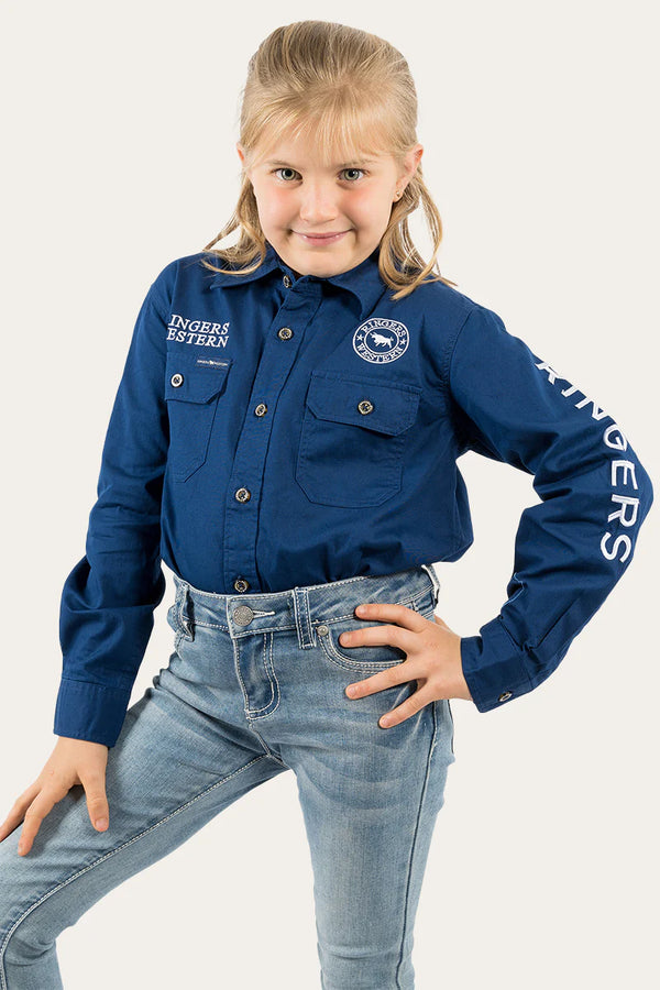 RINGERS WESTERN Kids Jackaroo L/S Full Button Embroidered Work Shirt -Navy / White
