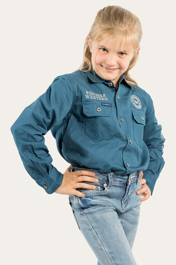 RINGERS WESTERN Kids Jackaroo L/S Full Button Embroidered Work Shirt -Petrol Blue / Ultimate Grey