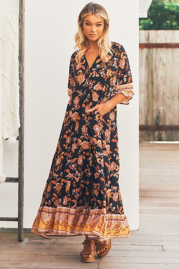 Black Pheonix Print Tillie Maxi Dress- JAASE