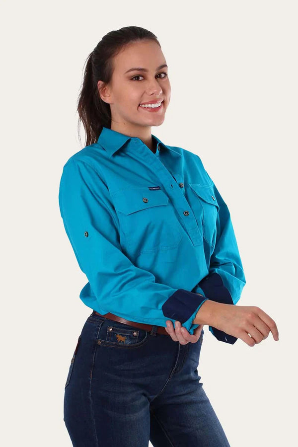 RINGERS WESTERN Pentecost River Womens Half Button Work Shirt -Turquoise