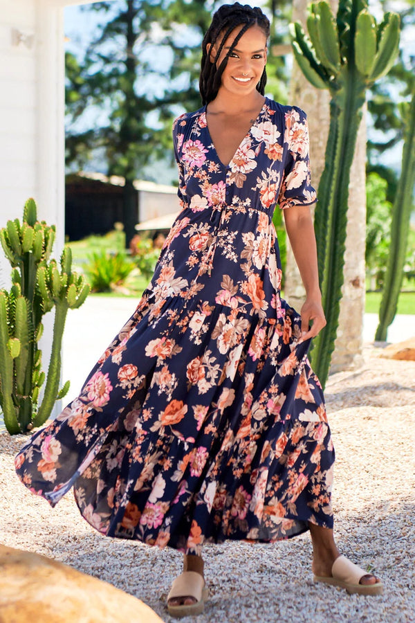 Winter Rose Navy Print Tessa Maxi - Jaase