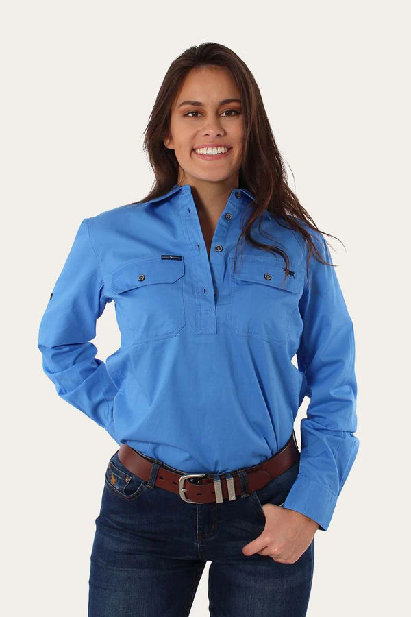 RINGERS WESTERN Pentecost River Womens Half Button Work Shirt -Blue