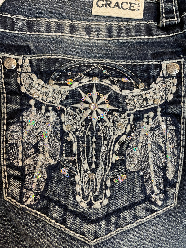 Grace In LA  Feathered Skull Bootcut Jeans