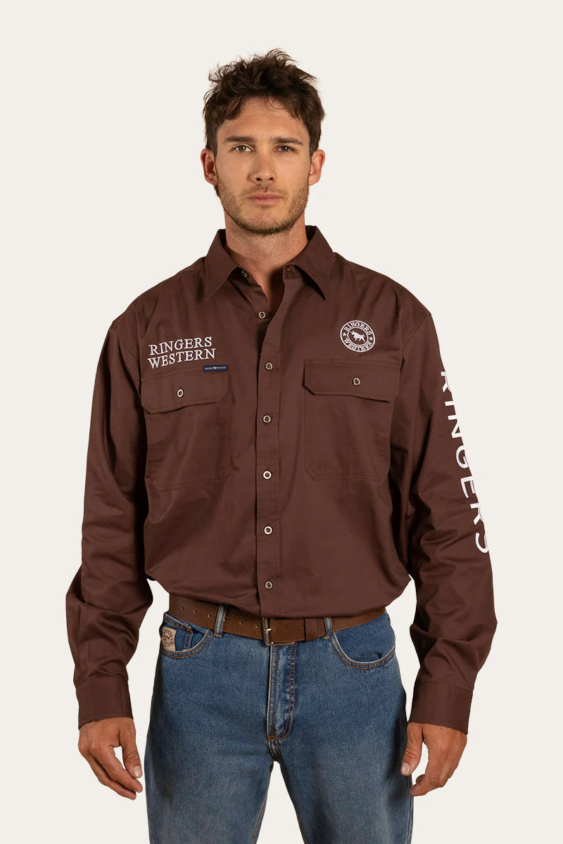 RINGERS WESTERN Hawkeye Mens Full Button Work Shirt -Chocolate/White