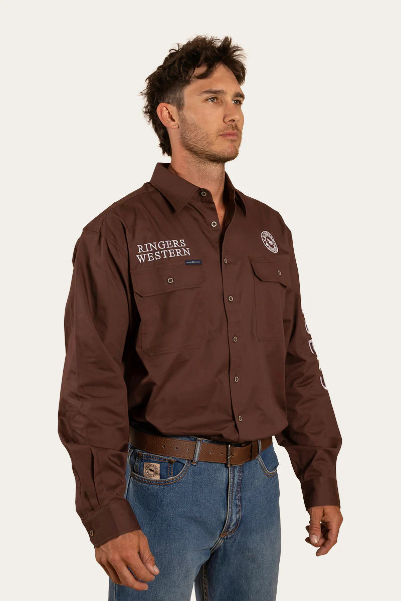 RINGERS WESTERN Hawkeye Mens Full Button Work Shirt -Chocolate/White