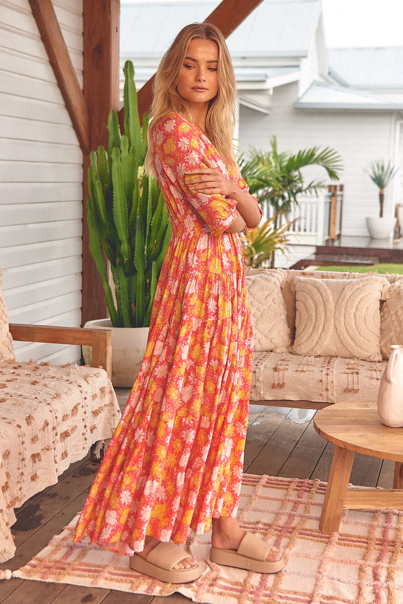 Follow The Sun Print Berry Maxi Dress - Jaase
