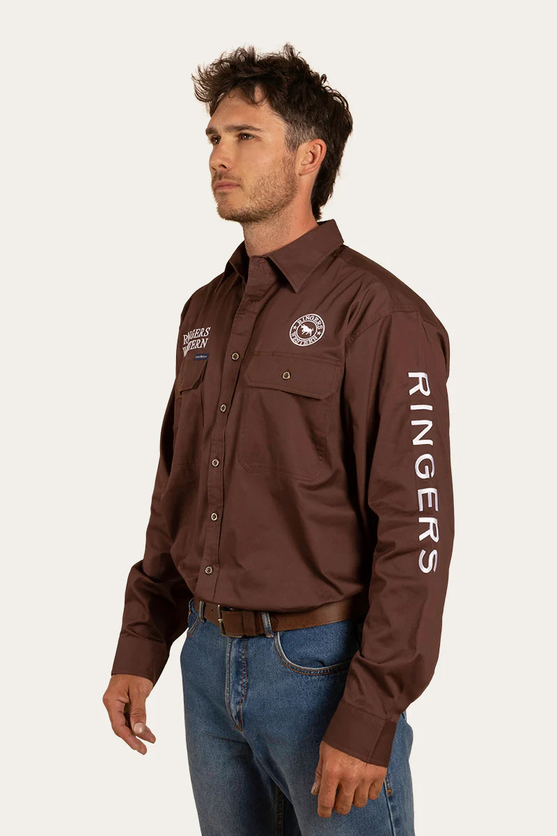 RINGERS WESTERN Hawkeye Mens Full Button Work Shirt -Chocolate/White